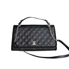CC Top Handle Flap Bag Quilted Caviar with Grosgrain Medium