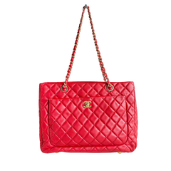 Chanel Red Quilted Lambskin Leather Shopping Tote Bag