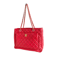 Chanel Red Quilted Lambskin Leather Shopping Tote Bag